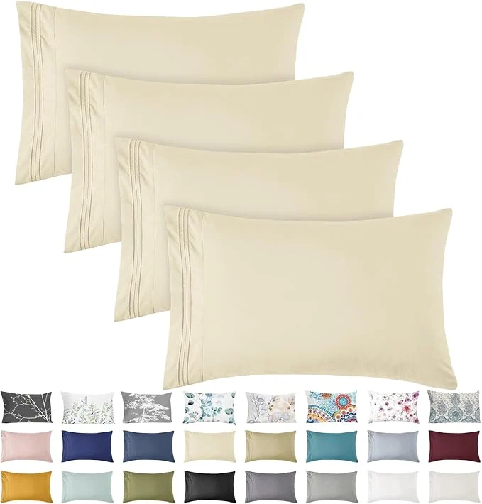 Dependable YIYEA Pillow Cases Queen Size Set of 4 Ultra Soft 1800TC Hotel Quality Double Brushed Microfiber Embroidered Pillowcases Envelope Closure Fade Resistant 20 quot x30 quot Cream Relaxed