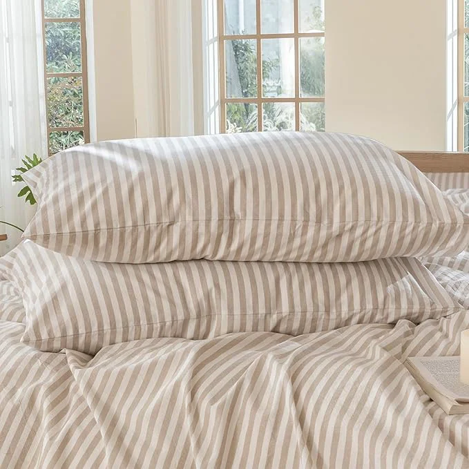 Long-Lasting MooMee Bedding Pillowcases Striped Pack of 2 Washed Cotton Linen Like Textured Breathable Durable Soft Comfy Tannish Linen Grey White Classic Stripes Queen Clean