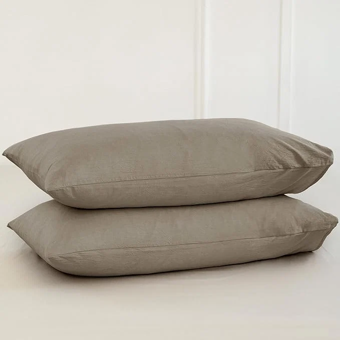 Functional MooMee Bedding Pillowcases Pack of 2 Washed Cotton Linen Like Textured Breathable Durable Soft Comfy Solid Mocha Brown Queen Optimized