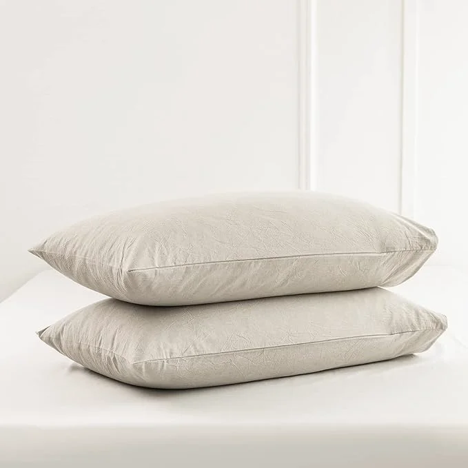 Exceptional MooMee Bedding Pillowcases Pack of 2 Washed Cotton Linen Like Textured Breathable Durable Soft Comfy Heathered Cream Grey King Reliable