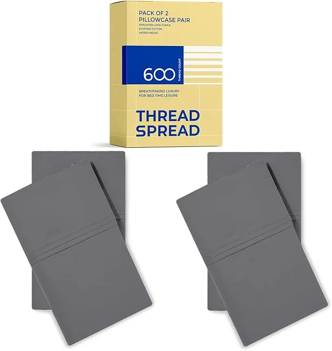 Thread Spread Egyptian Cotton King Size Pillow Cases Set of 4 – Luxury 600 Series Bliss Collection Pillow Cases King Size Pack of 2 Dark Grey Hotel Cotton Pillowcases Sateen Finish Superior
