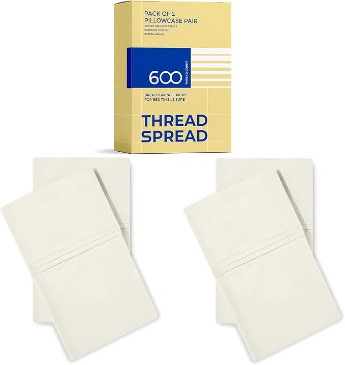 Refined Thread Spread Egyptian Cotton Pillow Cases Queen Size Set of 4 – Luxury 600 Series Bliss Collection Queen Pillow Cases Pack of 2 Ivory Hotel Cotton Pillowcases Sateen Finish Natural