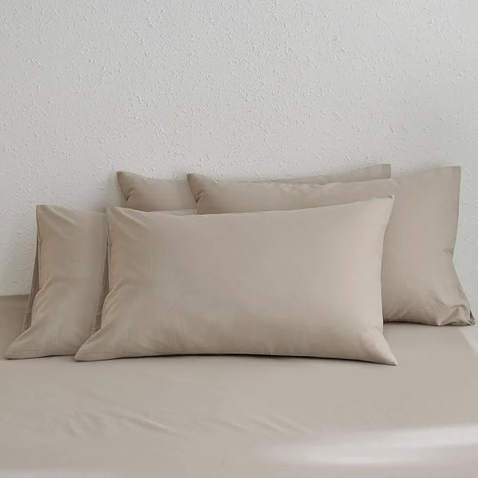 Responsible MooMee Bedding Pillowcases Pack of 4 Washed Cotton Linen Like Textured Breathable Durable Soft Comfy Heathered Tannish Linen Grey King Quality