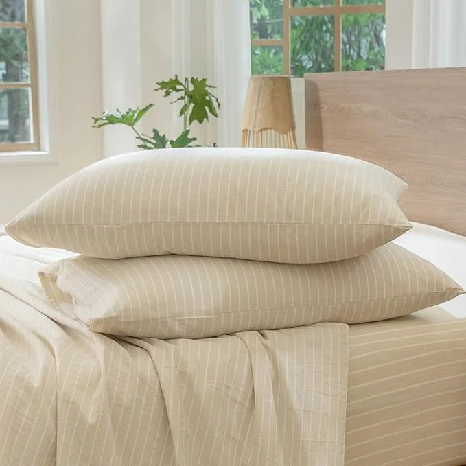 High-End MooMee Bedding Pillowcases Striped Pack of 2 Washed Cotton Linen Like Textured Breathable Durable Soft Comfy Almond Milk Grey White Wide Stripes Queen Advanced