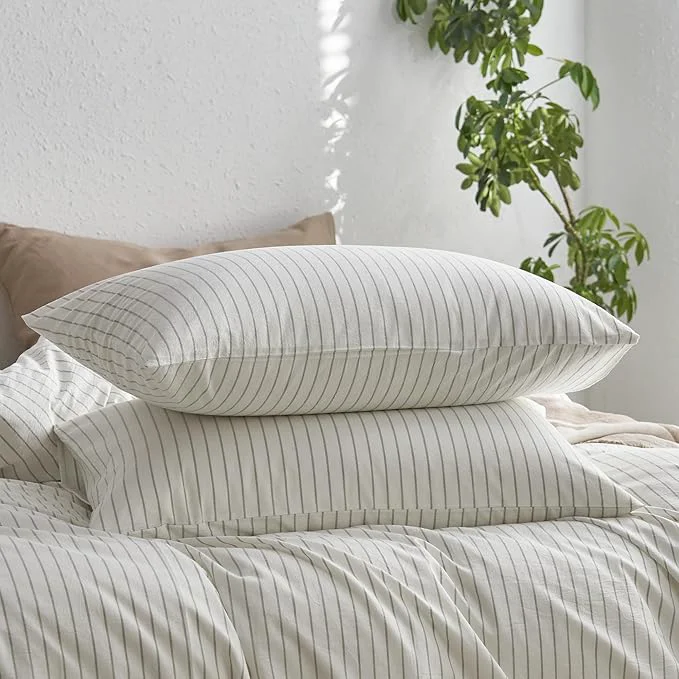 Exceptional MooMee Bedding Pillowcases Striped Pack of 2 Washed Cotton Linen Like Textured Breathable Durable Soft Comfy White Sage Green Wide Stripes King Smart