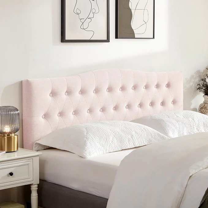 Convenient Tufted Headboard California King Size Sturdy Solid Wood Head Board Pink Upholstered California King Headboard with Solid Wood Legs Adjustable Height 37-51 in Fabric Button Diamond HeadBoards Recyclable