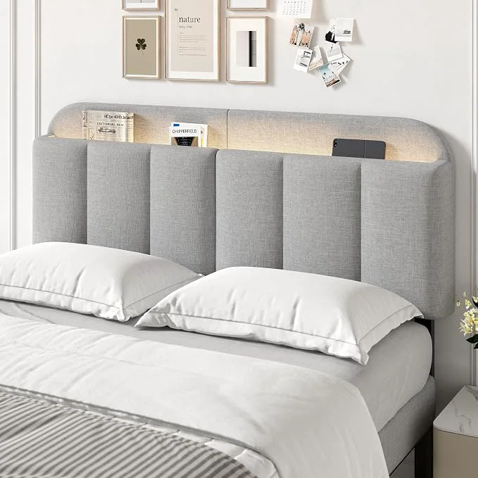Natural Queen Size Adjustable Headboard Upholstered Headboard with Storage APP Controlled LED Light Padded Head Board Only Sturdy Metal Foot Frame Vertical Channel Design for Bedroom Grey World-Class