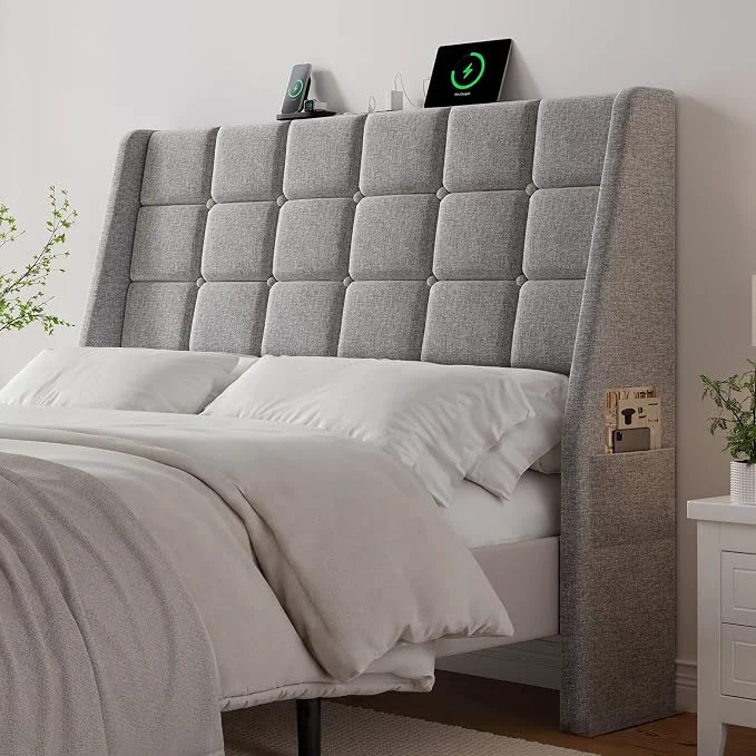 Advanced Ergonomic Upholstered Full Size Headboard w Charging Station Linen Wingback Headboards w Storage Pocket Full Headboard Only Bed Frame Adapters Sturdy Solid Wood Bed Head Board Light Grey Professional
