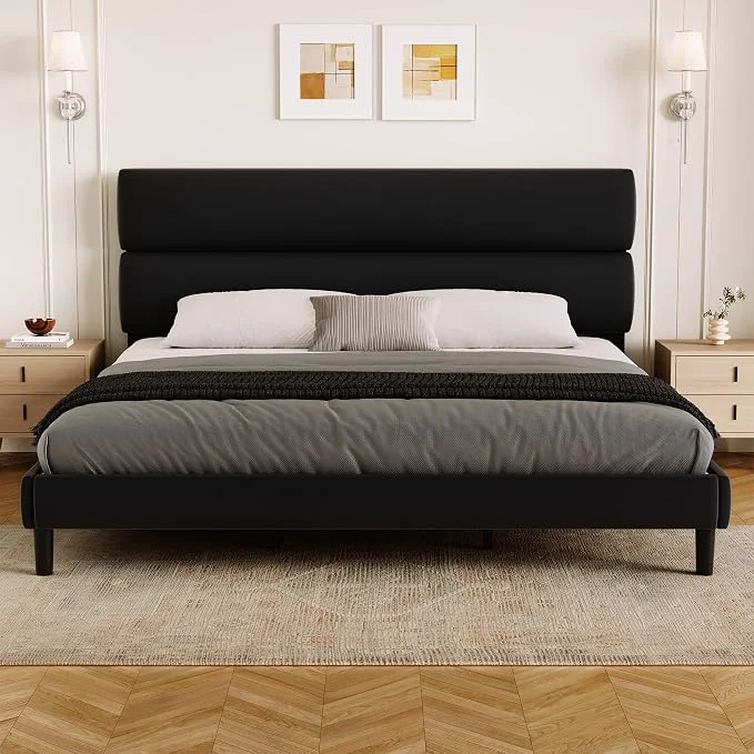 Fashionable GRUSIGN King Size Platform Bed Frame with Velvet Headboard Adjustable Height Wooden Slats Support Upholstered Mattress Foundation Fits Mattress or Mattress with Box Spring Easy Assembly Black High-Quality