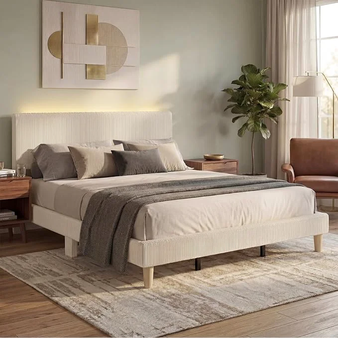 Sophisticated ier King Size Bed Frame with Headboard LED Lighting Upholstered Beige Easy Assembly LED Lighting Headboard No Squeaks Vertical Channel Corduroy Upholstered Wood Slats Support No Box Spring Needed Superior