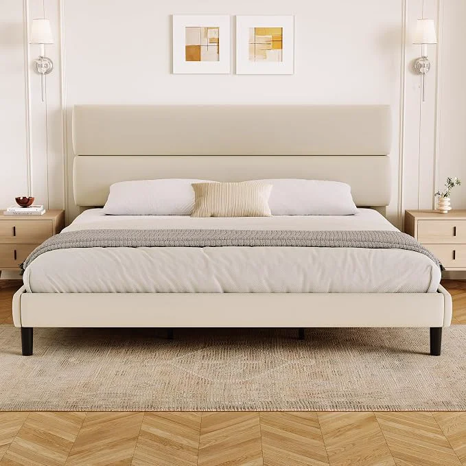 Comfortable GRUSIGN King Size Platform Bed Frame with Velvet Headboard Adjustable Height Wooden Slats Support Upholstered Mattress Foundation Fits Mattress or Mattress with Box Spring Easy Assembly Beige Reliable
