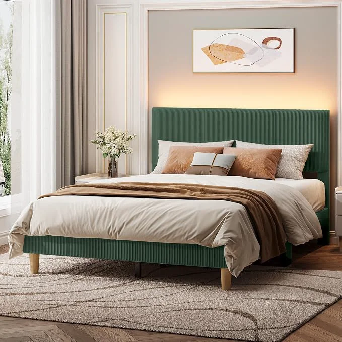 Innovative ier Queen Platform Bed Frame with Headboard LED Light Upholstered Green No Squeaks Easy Assembly LED Lighting Headboard Vertical Channel Corduroy Upholstered Wood Slats Support No Box Spring Needed Enhanced