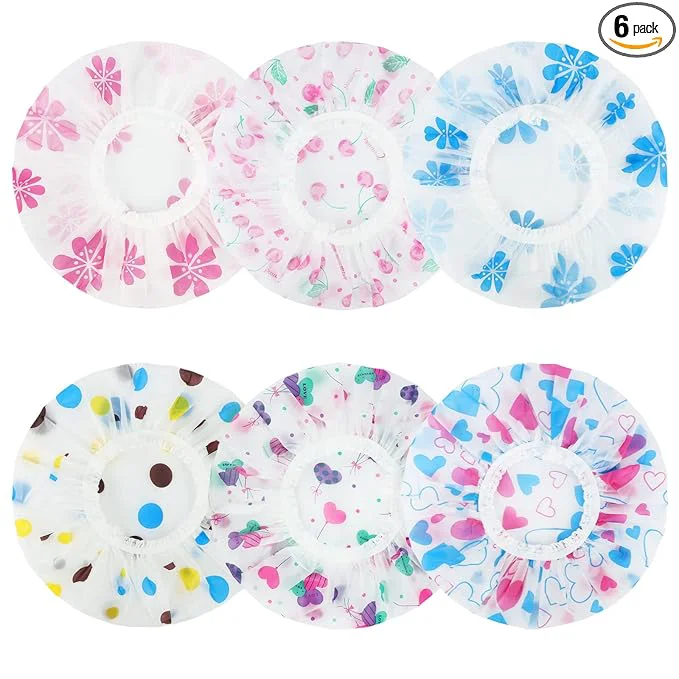 High-Quality 6 Pcs Shower Caps Waterproof Bath Caps Plastic Reusable Shower Caps Elastic Powerful