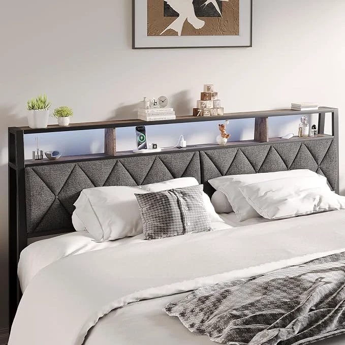Effective King Headboard Only Headboard for King Size Bed with Storage Upholstered Headboards with LED Lights amp Charging Station Attach Frame I for Bedroom Dorm Guest Room Dark Grey amp Brown Minimalist