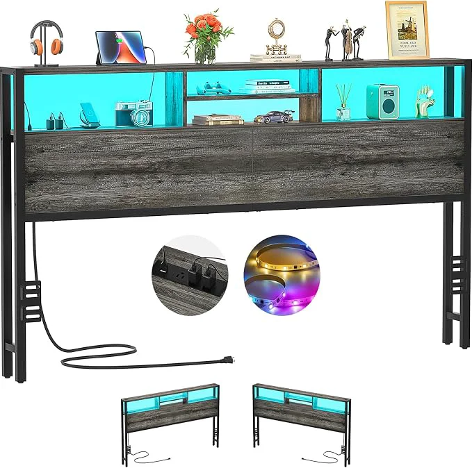 Original Aheaplus Headboard for King Size Bed with Storage Headboards with Outlets USB Ports and LED Light King Size Head Board Only Height Adjustable Reversible Sturdy and Stable Headboard Black Oak High-Grade