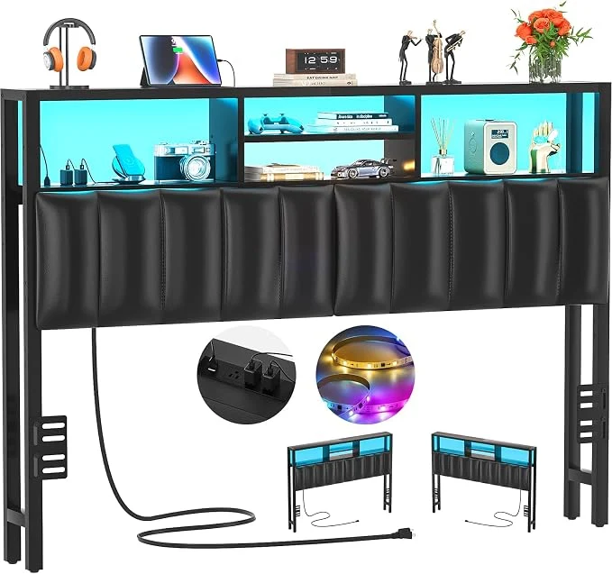 Reliable Aheaplus Headboard for Queen Size Bed with Storage Upholstered Headboards with Outlets USB Ports and LED Light Reversible Queen Size Head Board Height Adjustable Comfortable Headboard Black Breathable