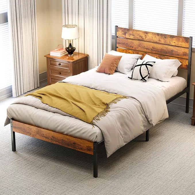 Eco-Friendly OLIXIS Twin Size Metal Platform Bed Frame – Mattress Foundation with Headboard and and Footboard No Box Spring Needed with 700LBS Sturdy Wooden Slats Support Noise Easy Assembly Powerful