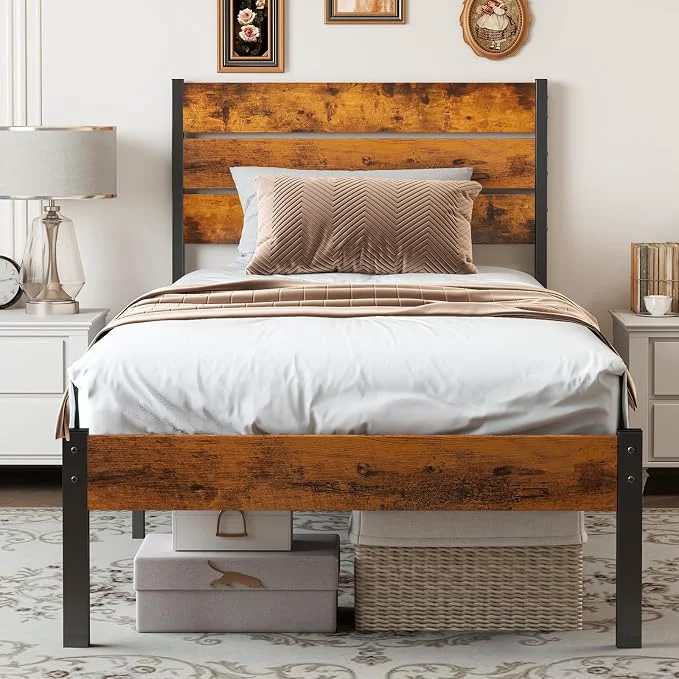 Convenient OLIXIS Twin Platform Bed Frame with Wooden Headboard and Footboard Heavy Duty Metal Slat Mattress Base 500 LBS Weight Capacity Sturdy Stable Structure No Box Spring Needed Quick Simple Assembly Fine Crafted