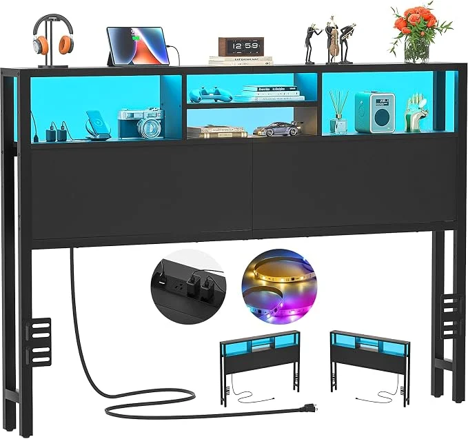 Luxury Aheaplus Headboard for Queen Size Bed with Storage Headboards with Outlets USB Ports and LED Light Queen Size Head Board Only Height Adjustable Reversible Sturdy and Stable Headboard Black Contemporary