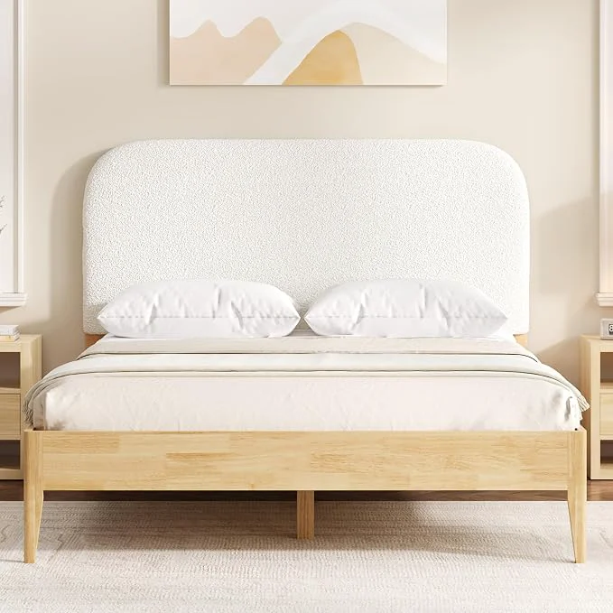 Unique KISLOT Wood Bed Frame with USB amp Type-C Boucle Headboard Cream Queen Platform Bed Mattress Foundation No Box Spring Needed Easy Assembly Premium Material
