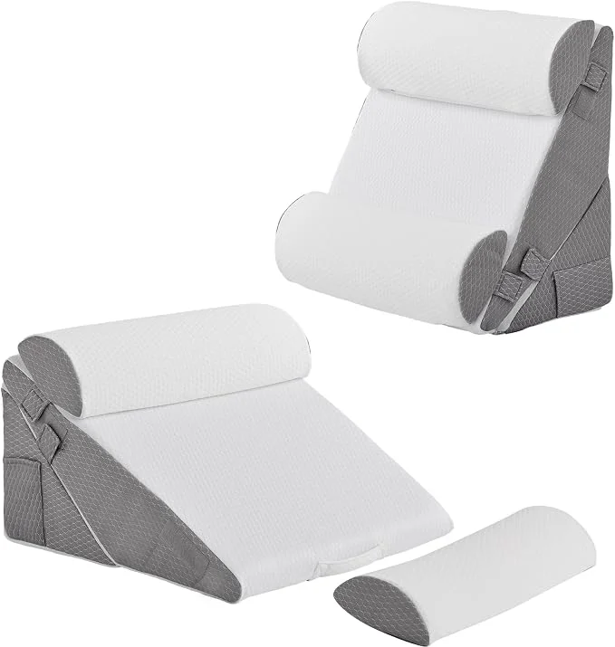 Organic Adjustable 4pcs Bed Wedge Pillow Set Memory Foam Wedge Pillows Post Surgery for Back Neck Leg Pain Relief Pillow Wedge for Sleeping Sitting up in Bed Acid Reflux and GERD White Grey Environmentally Friendly