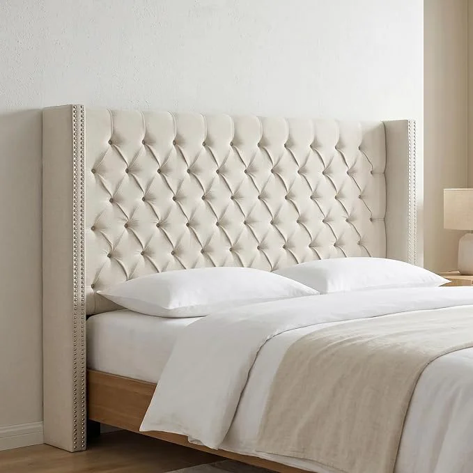 Trusted Madison Park Amelia Upholstered Headboard Nail Head Trim Wingback Button Tufted King Cream Soft
