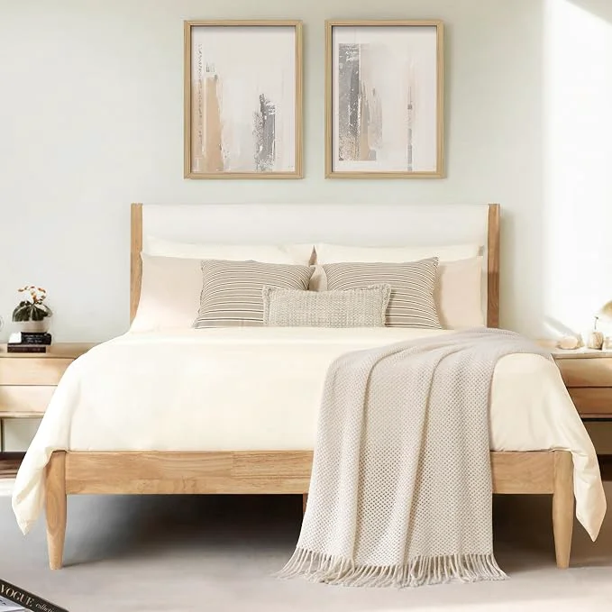 Breathable KISLOT Wood Bed Frame with Upholstered Headboard Cream King Wooden Platform Silent Slat Support Mattress Foundation No Box Spring Needed Easy Assembly Casual