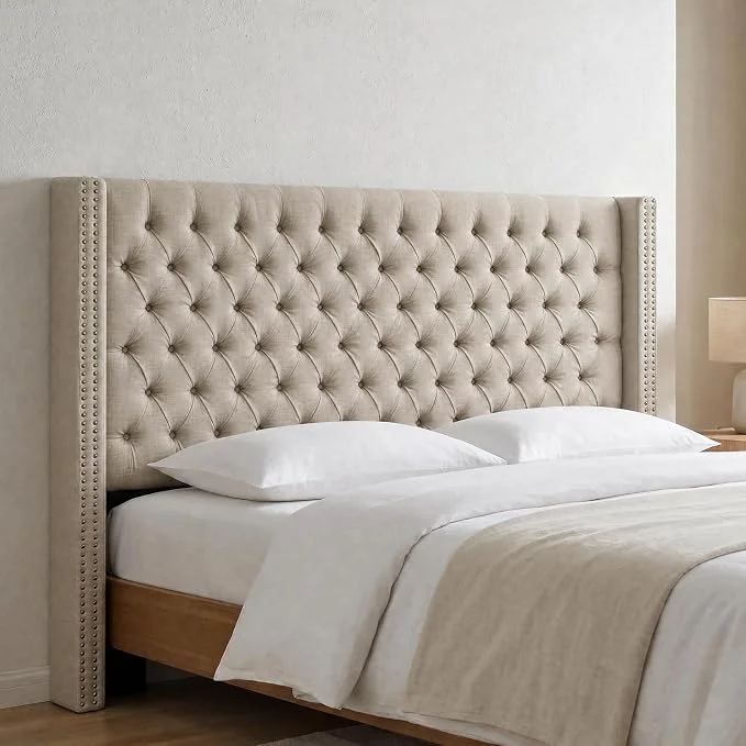 High-Quality Madison Park Queen Wingback Upholstered Tufted Headboard Featuring High-Density Sponge Padding Adjustable Height Headboard Easy Assembly Beige Woven Refined