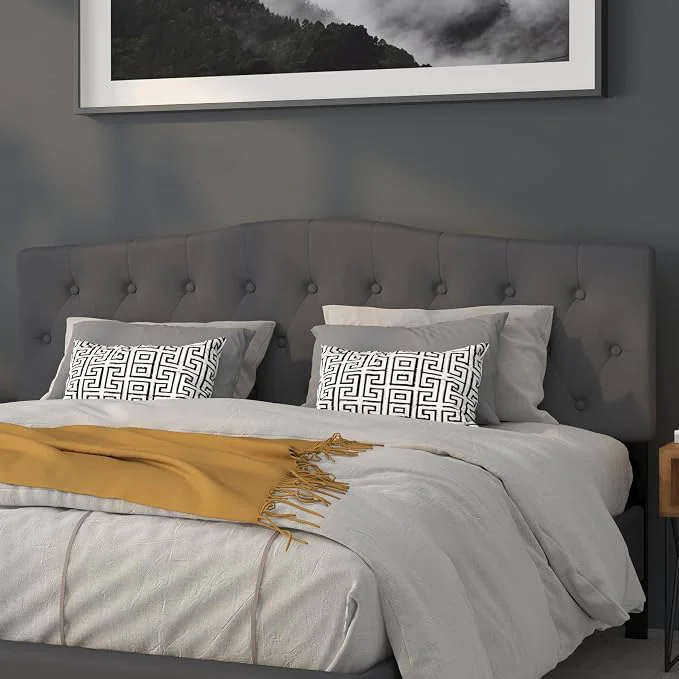 Verified EMMA OLIVER Tufted Upholstered King Size Headboard in Dark Gray Fabric Advanced