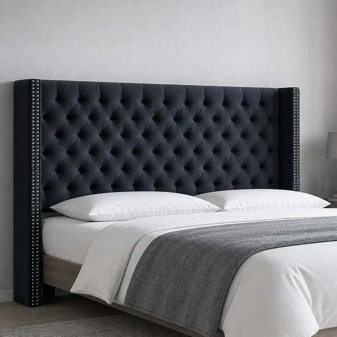 Green Madison Park Queen Wingback Upholstered Tufted Headboard Featuring High-Density Sponge Padding Adjustable Height Headboard Easy Assembly Black Velvet Responsible
