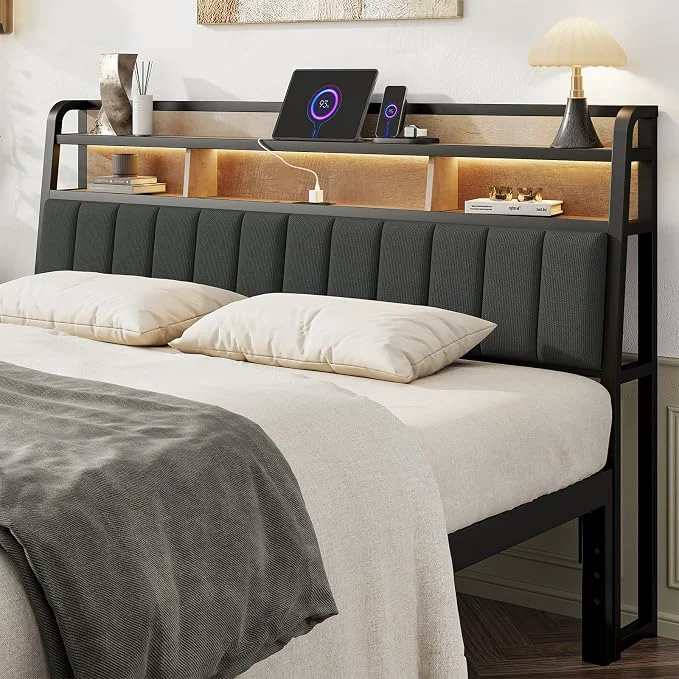 Efficient King Headboard Only with Storage Upholstered Headboards for King Size Bed with LED Light Charging Station Height Adjustable Sturdy and Stable Headboard Black amp Brown Genuine