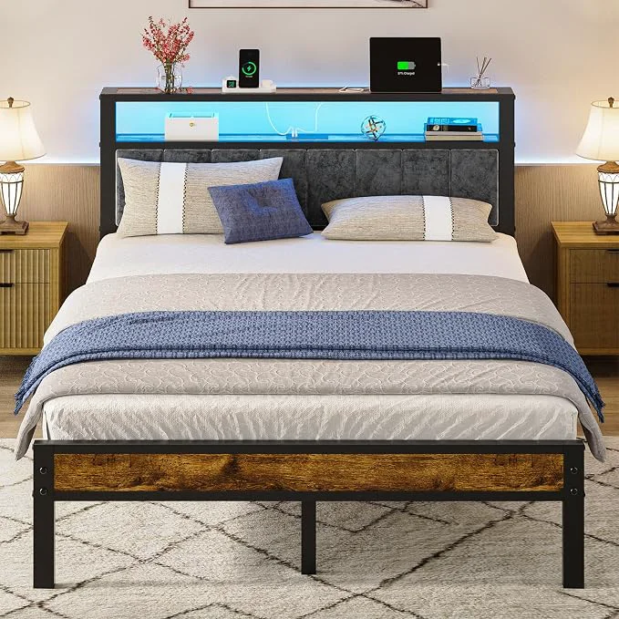 Smooth Liians Queen Size Bed Frame with 2-Tier Storage Shelf Headboard LED Lights Usb Type C Charging Station Metal Platform Bed No Box Spring Needed Noise Easy Assembly Classic
