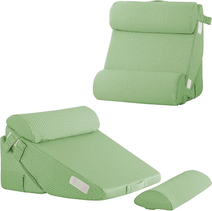 Exclusive Adjustable 4pcs Bed Wedge Pillow Set Memory Foam Wedges Pillow Post Surgery for Back Neck Leg Pain Relief Pillows Wedge for Sleeping Sitting up in Bed Acid Reflux and GERD Green Easy-to-Use