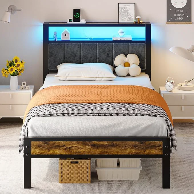 Natural Liians Twin Size Bed Frame with LED Lights Grey Upholstered Headboard Platform Bed with 2-Tier Storage Shelf Charging Station Noise No Box Spring Needed Easy Assemably Breathable