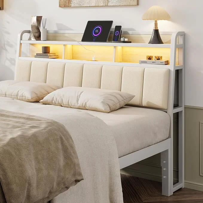 Expertly Made Queen Headboard Only with Storage Upholstered Headboards for Queen Size Bed with LED Light Charging Station Height Adjustable Sturdy and Stable Headboard Off White Superior