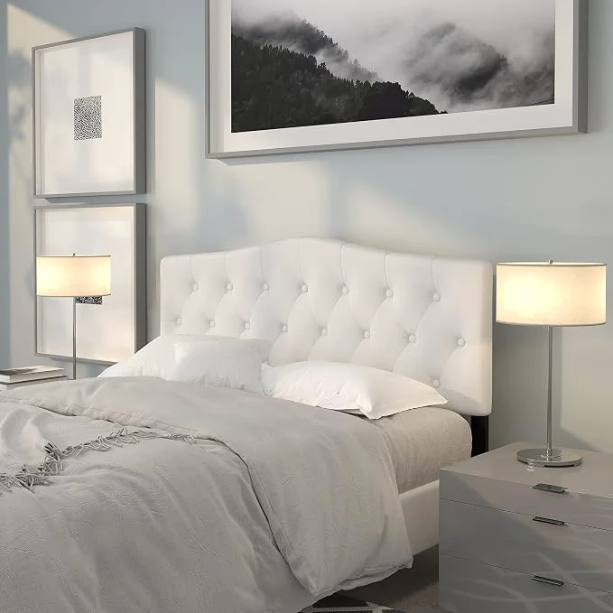 Original Design EMMA OLIVER Tufted Upholstered Queen Size Headboard in White Fabric Professional