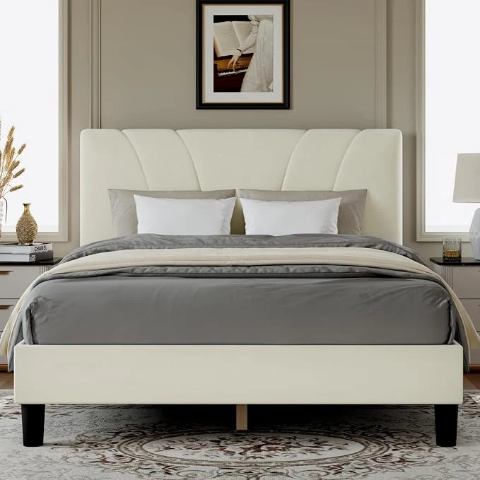 Authentic Novilla Full Size Bed Frame with Headboard Full Bed Frame with Wooden Slats Support Velvet Upholstered Headboard No Box Spring Needed Heavy Duty Feet Easy Assembly White Velvet Relaxed
