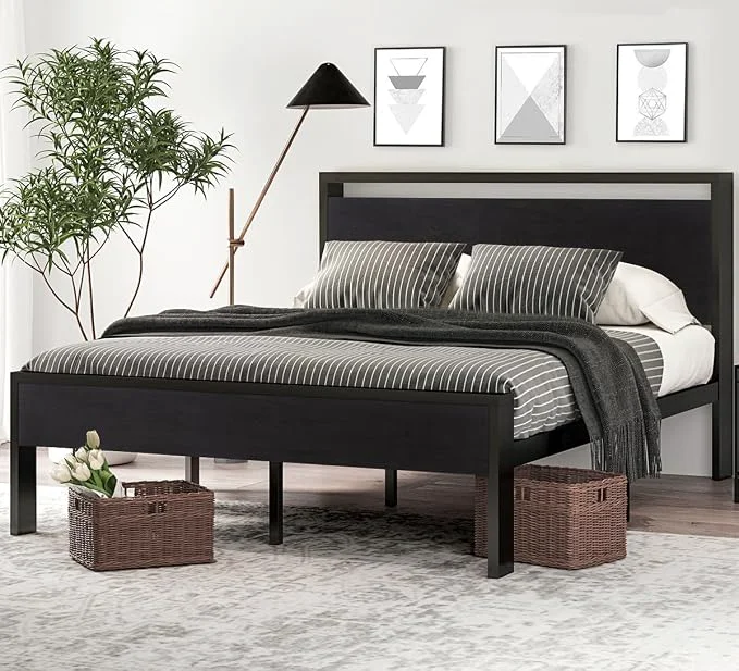 High-Performance SHA CERLIN Full Size Bed Frame Wooden Headboard and Footboard Black Oak Rounded Corners 12 Metal Slats Noise- Design 12-Inch Storage No Box Spring 40-Minute Assembly High-Grade