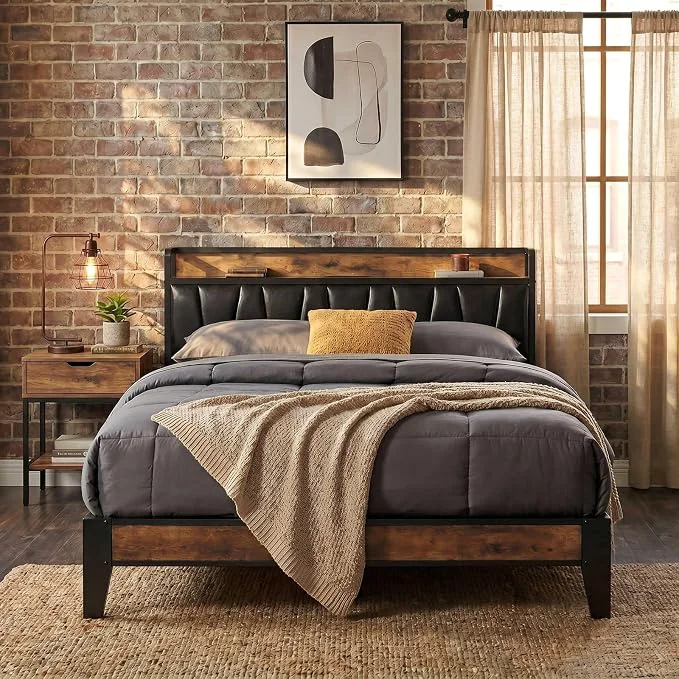 Durable LIKIMIO Full Size Bed Frame Storage Headboard with Charging Station Solid and Stable Noise No Box Spring Needed Easy Assembly Vintage and Black User-Friendly
