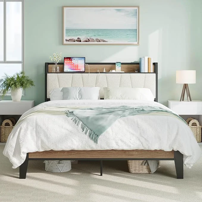Efficient LIKIMIO Queen Bed Frames Storage Headboard with Charging Station Solid and Stable Noise No Box Spring Needed Easy Assembly Wood and Cream Certified