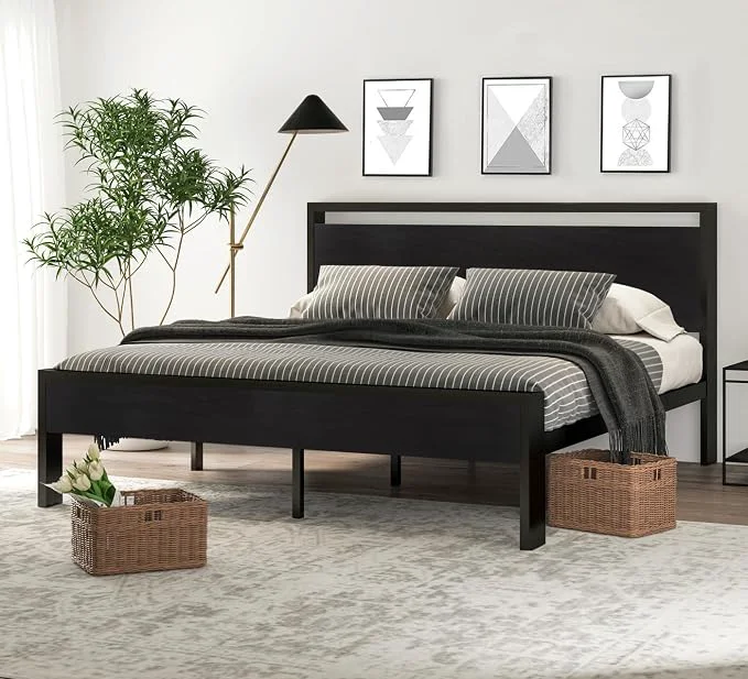 Certified SHA CERLIN 14 Inch King Size Metal Platform Bed Frame with Wooden Headboard and Footboard Mattress Foundation No Box Spring Needed Large Under Bed Storage Black Oak Exclusive