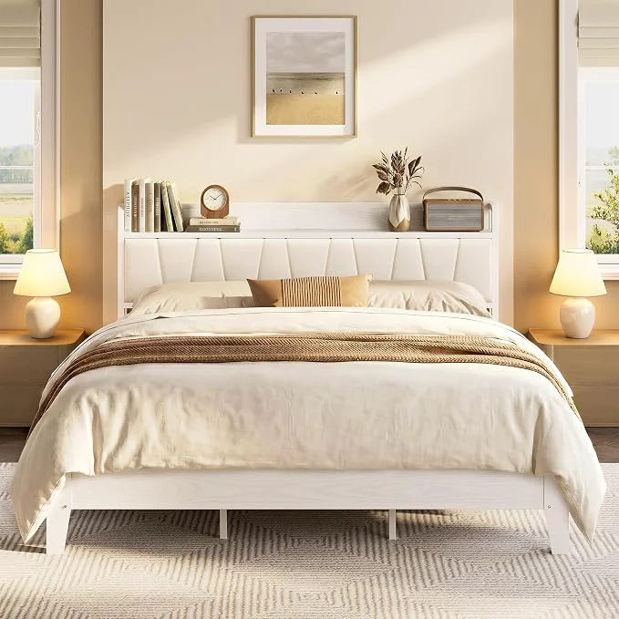 Soft LIKIMIO California King Bed Frames PU Leather Storage Headboard with Charging Station Solid and Stable Noise No Box Spring Needed Easy Assembly White Fine