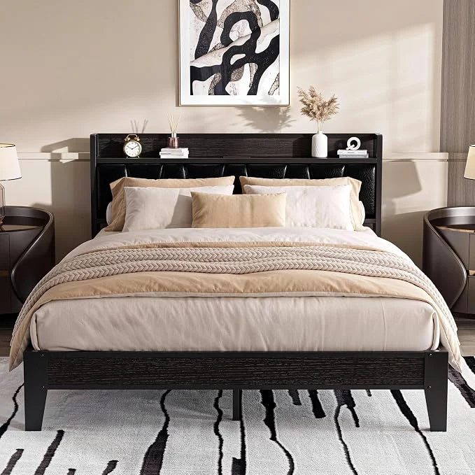 Proven LIKIMIO Queen Bed Frames PU Leather Storage Headboard with Charging Station Solid and Stable Noise No Box Spring Needed Easy Assembly Black Unique