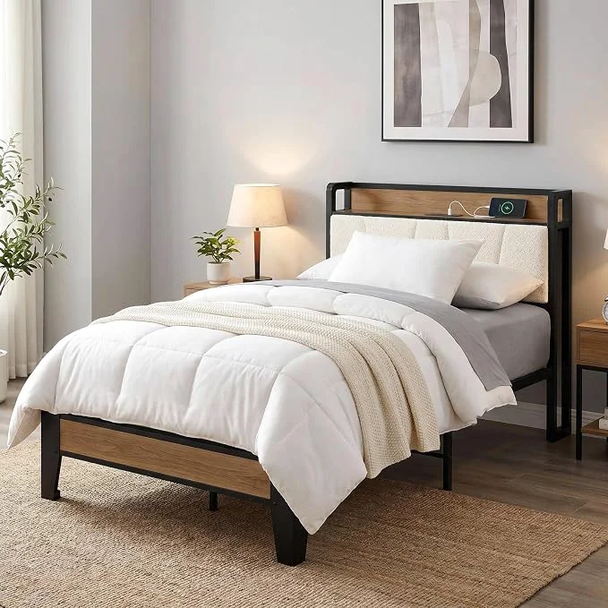 Elegant LIKIMIO Twin Bed Frames Storage Headboard with Charging Station Solid and Stable Noise No Box Spring Needed Easy Assembly Wood and Cream Proven