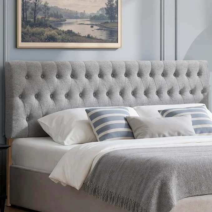 Innovative Tufted Upholstered Full Size Bed Headboard in Modern Button Design Adjustable Solid Wood Head Board Premium Linen Fabric Padded Headboards in Bedroom Grey Crafted