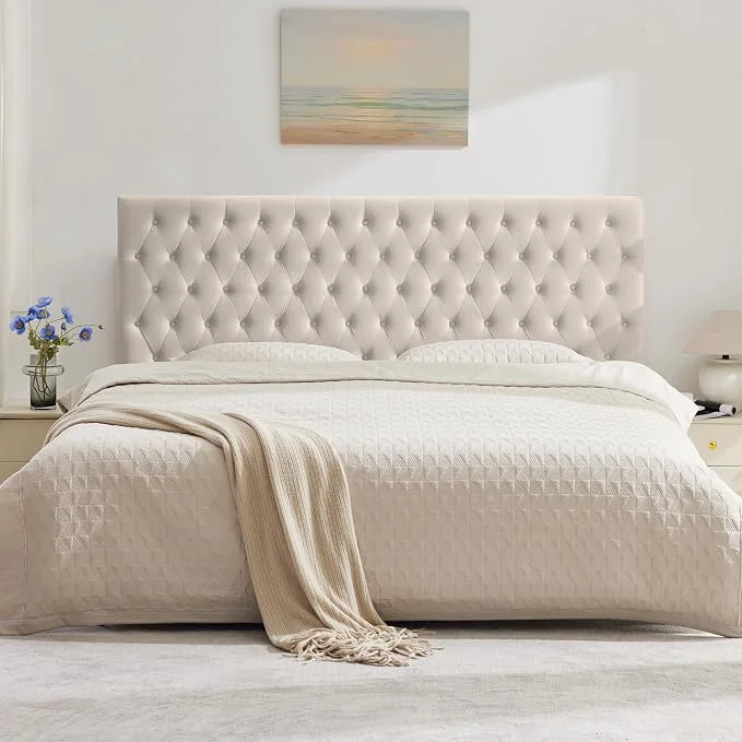Next-Generation Upholstered Queen Headboard Only Premium Velvet Button Tufted Headboards Adjustable Solid Wood Head Board Padded Headboard with Solid Wood Legs in Bedroom Beige Responsible