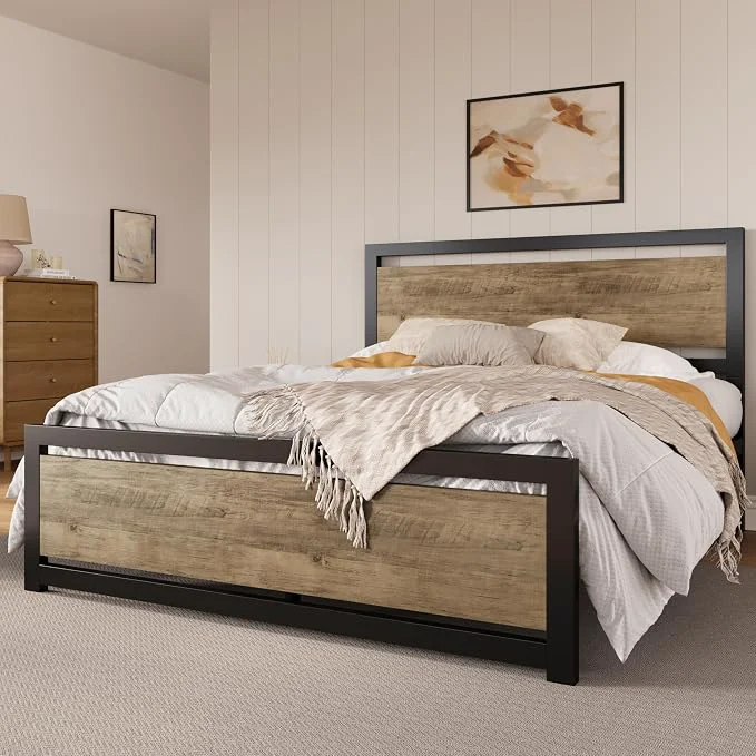 Original SHA CERLIN Heavy Duty Queen Size Bed Frame with Modern Headboard Brown Platform Metal Base with Square Footboard and 13 Strong Slats Support No Box Spring Needed Superior