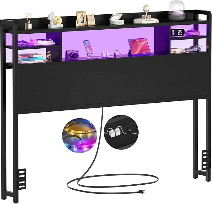 Effective Aheaplus Headboard for Full Size Bed with Storage Headboards with LED Light Power Outlets USB Ports Full Size Head Board Wood headboard Only Sturdy and Stable Headboards Modern Black Practical