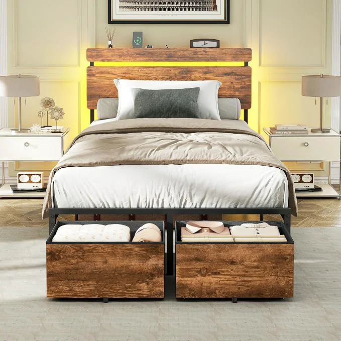 Next-Generation Forestell Twin Bed Frame with Wood Headboard 2 Storage Drawers amp Shelf Built-in Charging Station amp LED Lights Metal Support No Box Spring Needed noise- easy assembly Smart RGB USB Type-C Advanced