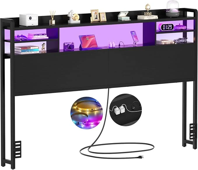 User-Friendly Aheaplus Headboard for Queen Size Bed with Storage Headboards with LED Light Power Outlets USB Ports Queen Size Head Board Wood headboard Only Sturdy and Stable Headboards Modern Black Luxury